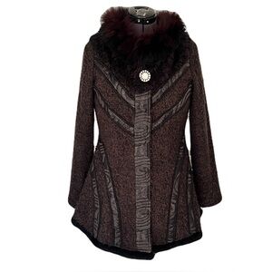 KeKe Collection Brown Knit Artsy Faux Fur Collar Whimsical Jacket, Size M